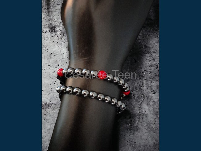 BRACELET HEMATITE ET PIERRE TEINTÉE ROUGE